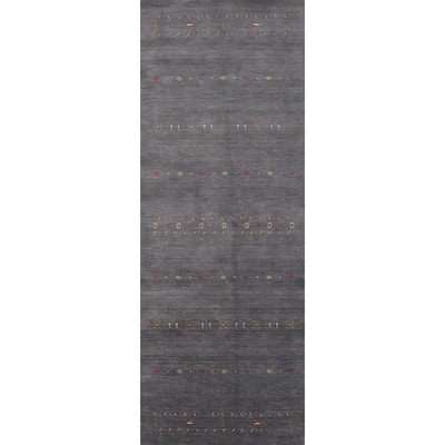Hand Knotted Oriental 100% Wool Carpet Tribal Animal Pictorial Greys & Charcoal Gabbeh Runner Rug - 11' 10'' X 4' 1''