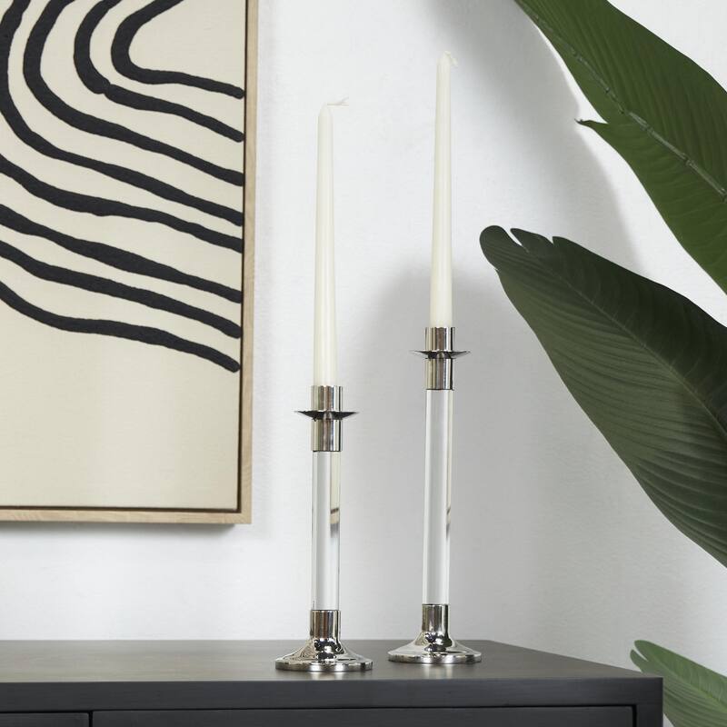 Stainless Steel Metal Decorative Candle Holder with Clear Glass Center - Set of 2 Gold or Silver - Roche River Decor