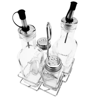 Glass Cruets & Salt Pepper Shakers Olive Oil Vinegar 4 Piece Set with Metal Stand