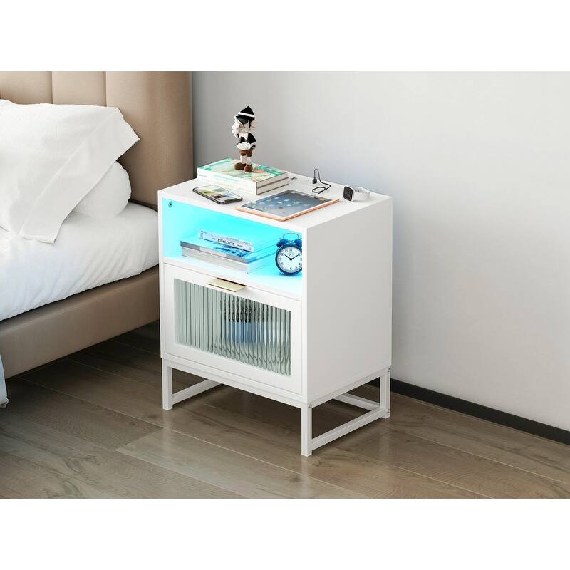 Nightstand with LED Lights / Drawer, White Bedside Table for Bedroom