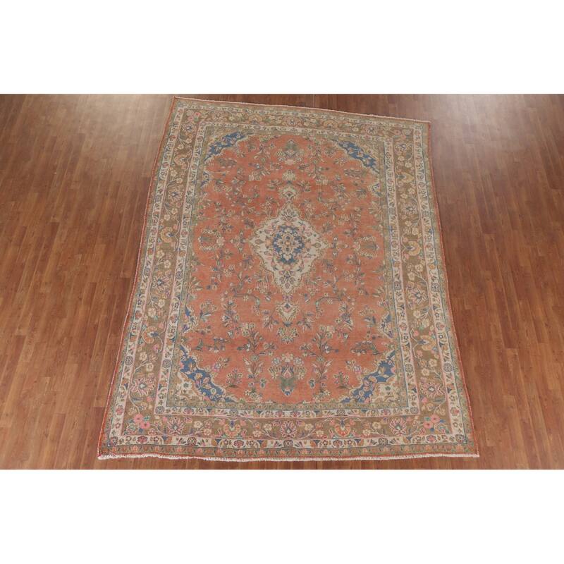 Hand Knotted Oriental 100% Wool Carpet Traditional Floral Coral Mashad Area Rug - 10' 7'' X 8' 0''