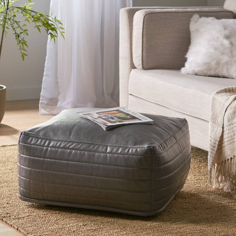 Baddow Contemporary Faux Leather Channel Stitch Pouf by Christopher Knight Home - 24.00" L x 24.00" W x 12.00" H - Grey