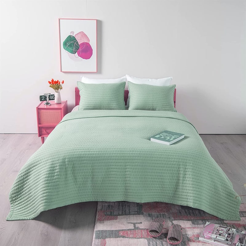 KASENTEX Quilt Set Soft Bedspread - Light Weight, Stone Washed, Down Alternative Fill, Machine Washable - Green - Oversized Queen