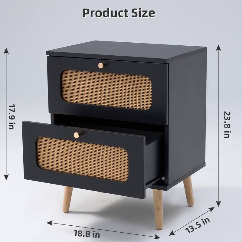 Black-Brown Rattan Nightstand with 2 Drawers and Solid Wood Legs