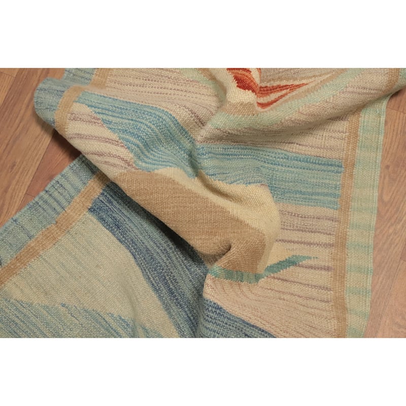 Hand Woven Oriental 100% Wool Carpet Southwestern Modern Navy Blue & Blues Kilim Runner Rug - 5' 9'' X 2' 0''