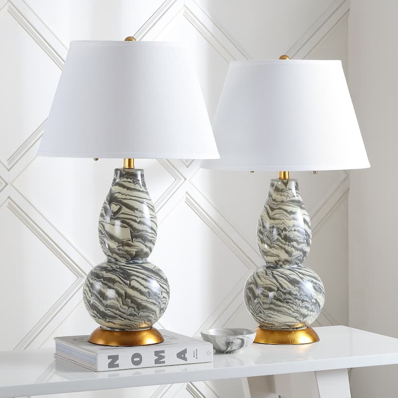 SAFAVIEH Lighting Sebrina 29-inch Navy And White Color Swirls Glass Table Lamp (Set of 2) - 17"x17"x28" - 17Wx17Dx28H