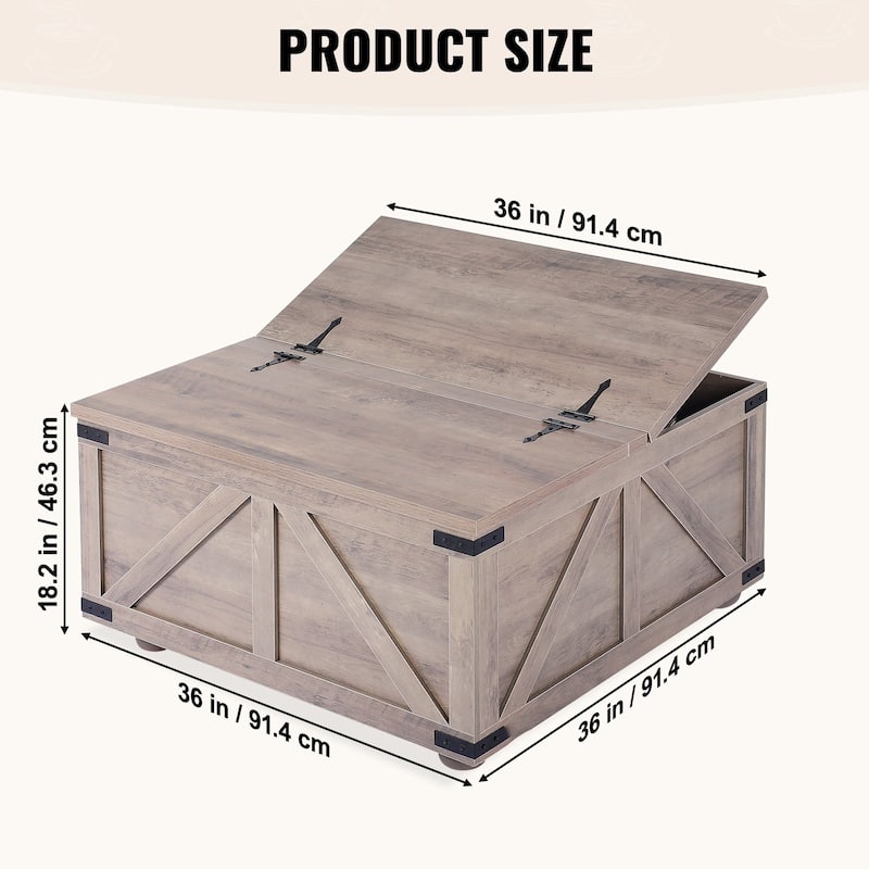 36 Inch Lift Top Square Coffee Table with Large Storage Compartment Perfect for Books or Documents Store - 36” x 36” x 18.2”