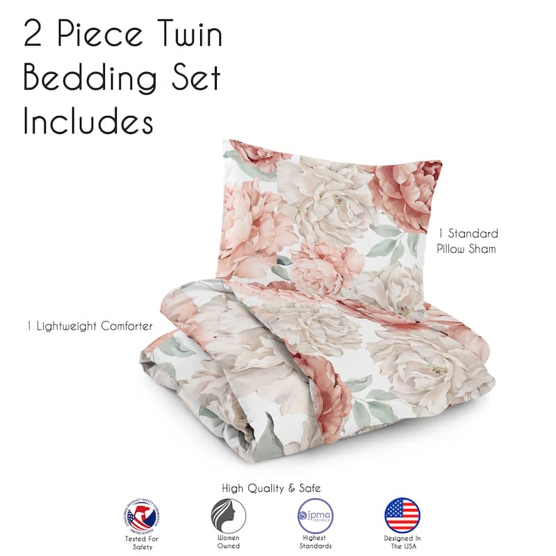 Boho Shabby Chic Floral Girl Twin Comforter Set Ivory Bohemian Vintage Garden Watercolor Flower Nature Elegant Pastel Dusty Rose