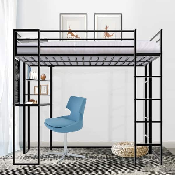 slide 2 of 13, Metal Loft Bed, Long Desk, Wooden Triangular Shelves, Full-Length Guardrails, Built-in Ladders Twin - Black