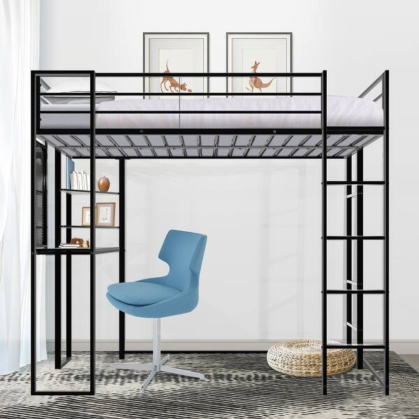 slide 2 of 8, Twin Size Metal Loft Bed with Integrated Desk and Dual Ladders, Safety Guardrails Twin - Black