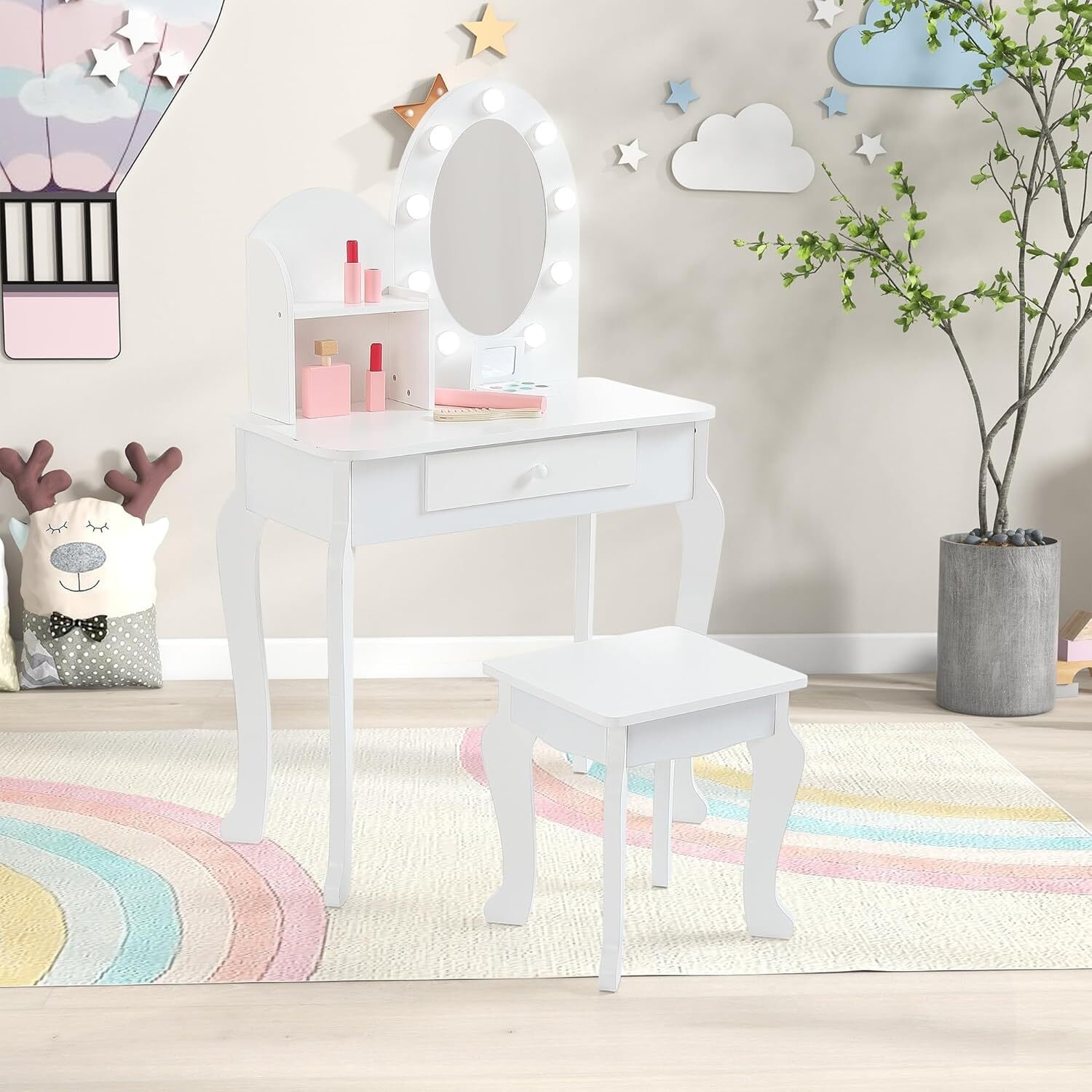 Kids Vanity Dressing Table Toy, Princess Makeup Desk Set with Light