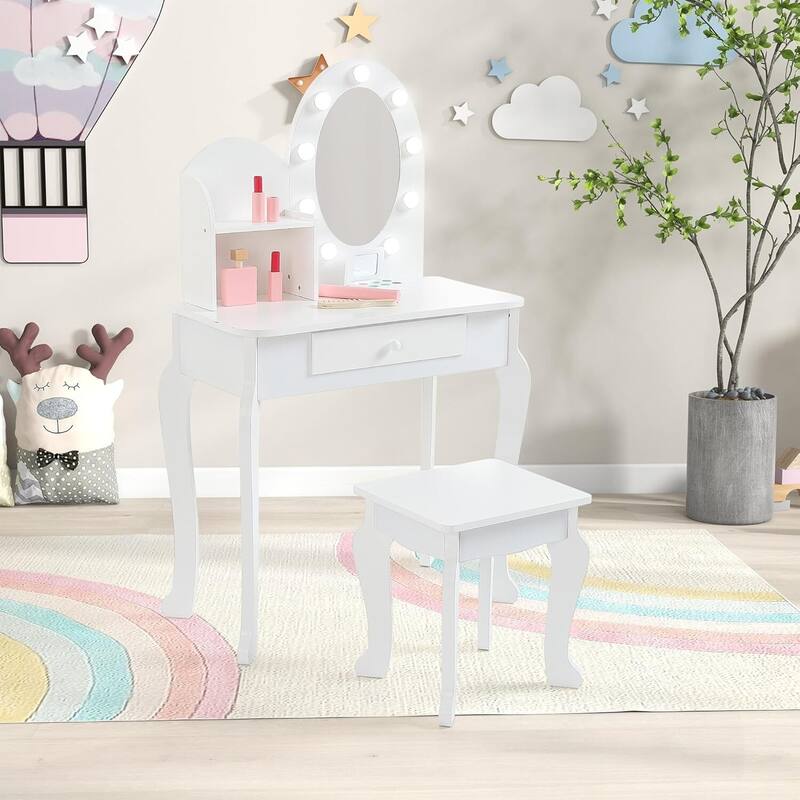 Kids Vanity Dressing Table Toy, Princess Makeup Desk Set with Light - White