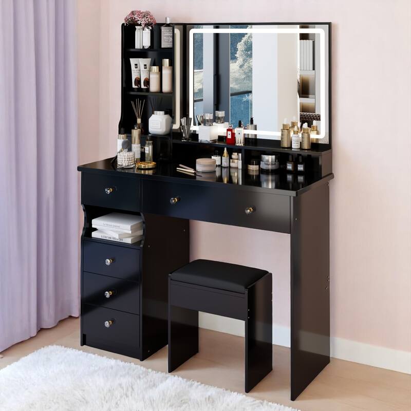 KISRAIS 41" Large Size Fashion Vanity Desk with Mirror and Lights, 3 Color Lighting Brightness Adjustable