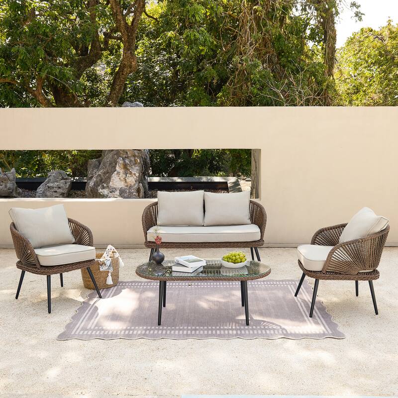 4-Person Outdoor Wicker Patio Conversation Seating Set with Coffee Table, Weather-Resistant Cushions