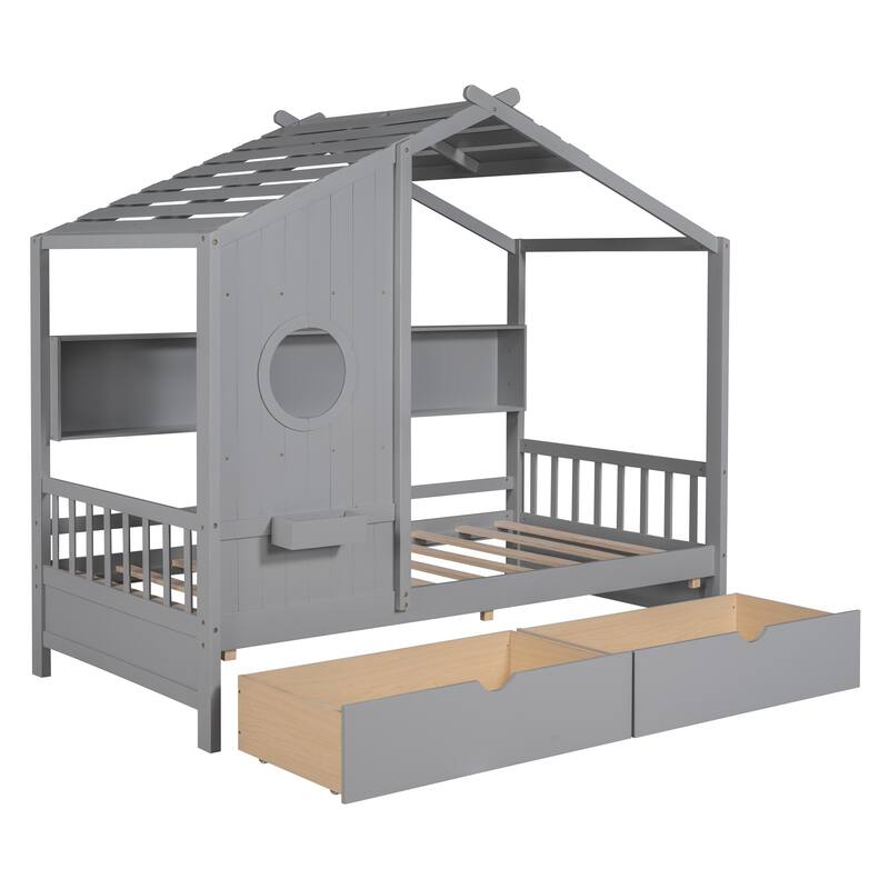 Wooden House Bed with 2 Large Drawers & Built-In Shelves by Harper&Bright Designs