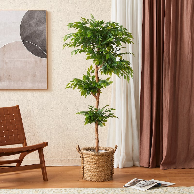 Glitzhome 5ft 61"H Ficus Tree Real Touch Artificial Plant in Pot - 23.5"D x 61"H