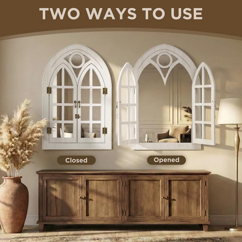 Classic Arched Wood Framed Window Pane Wall Mirror