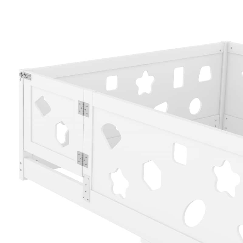 White Bed Frame Montessori Bed Twin Size Toddler Floor Bed with Guardrails and Door for Children Boys Girls Kids Playroom
