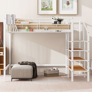 Full Size Metal Loft Bed with Storage Shelf and 4-Layers Ladder - Bed ...