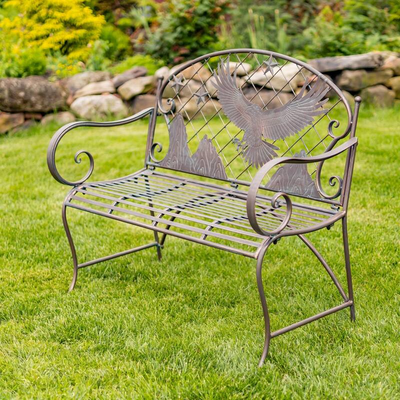 Round Top Iron Garden Bench with Flying Eagle Backrest "Klamath" - 43.7" L x 20.47" W x 37.4" H
