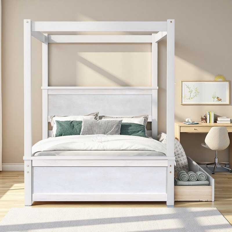 Full Size Solid Wood Canopy Bed with 2 Drawers, and Support Slats