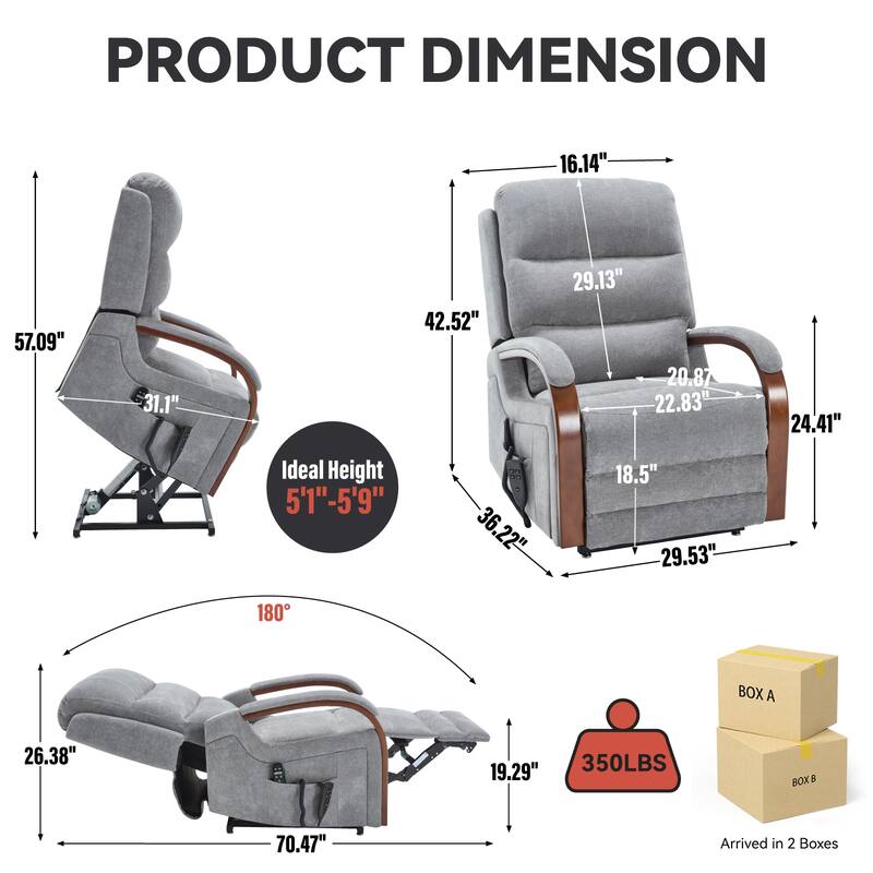Dual Motor Power Lift Recliner Chair with Massage Heat and Wood Armrests