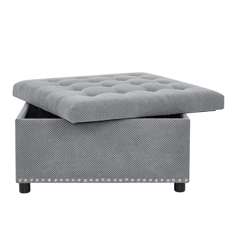 Square Tufted Upholstered Storage Ottoman with Nailhead Trim