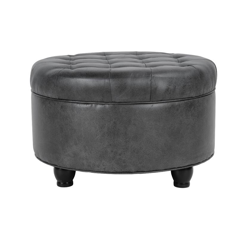 Gery 25 Inch Round Storage Ottoman with Tray Top, Dark Gray Faux Leather