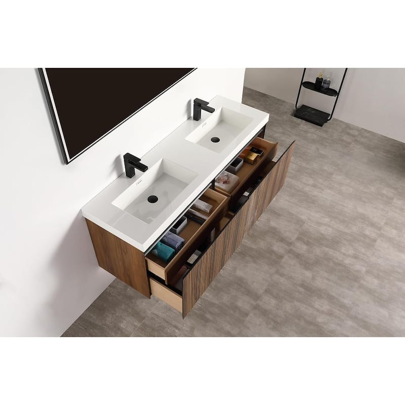 Blossom Lille Brown Walnut Floating Vanity with LED & Acrylic Sink