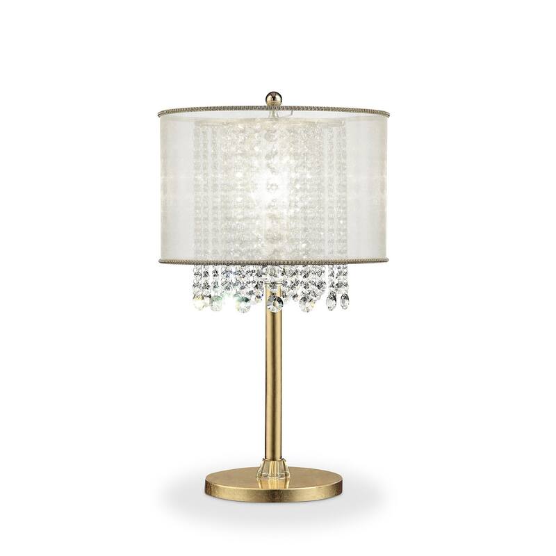 Gold Metal Table Lamp with White Silk Drum Shade and Crystal Accents - 16” x 16” x 30” (D x W x H) - Gold-White