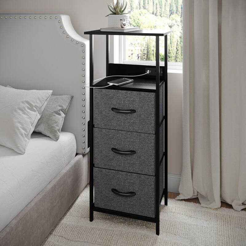 3 Fabric Drawer Nightstand with 2 USB Port/1 Outlet Charging Station
