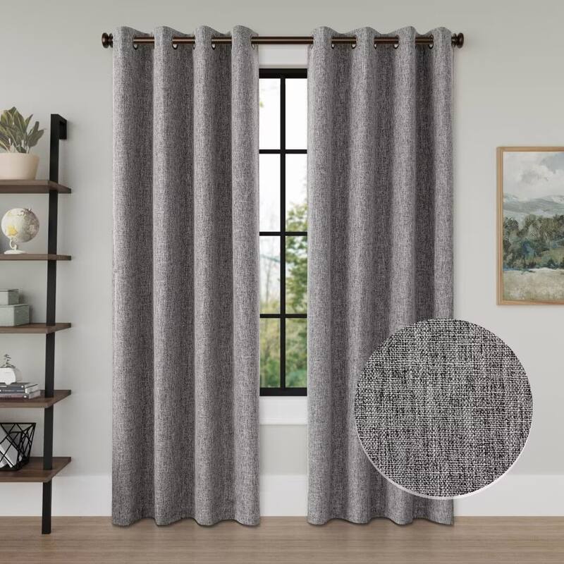 Linen Texture 100% Blackout Grommet Curtain Pair(2 panels) - 52"Wx108"L - Dark Grey