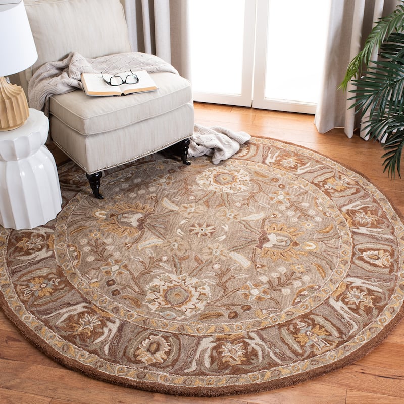 SAFAVIEH Handmade Anatolia Katja Traditional Oriental Hand-spun Wool Rug - 4' Round - Dark Grey/Brown