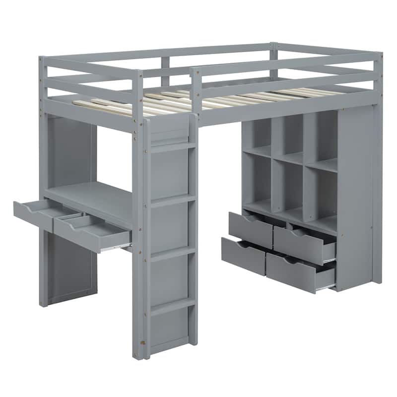 Twin Size Loft Bed with large shelves, writing desk and LED Light