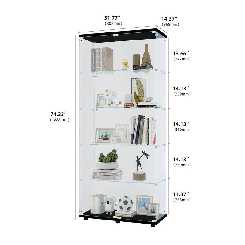 Floor Standing Glass Bookshelf Display Cabinet with 5 Shelves and Double Door