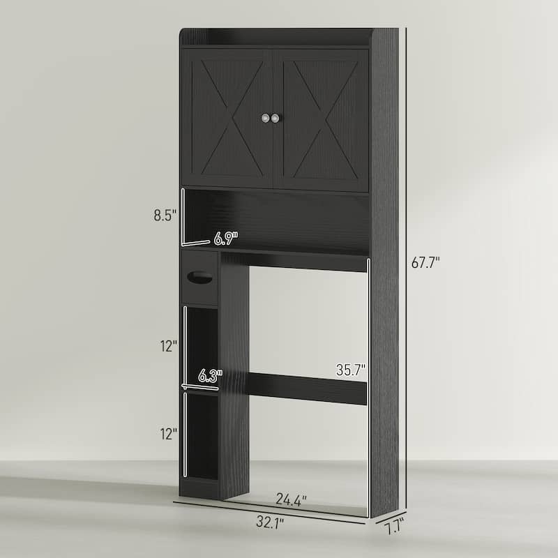 MDF Farmhouse Over Toilet Cabinet with Barn Doors and Adjustable Shelf - 32.1" W x 7.7" D x 67.7" H