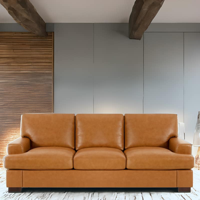 Genuine Leather Sofa with Luxurious Comfort, Goose Feather Cushion Filling, Square Arm Design, Sturdy Block Legs - Tan