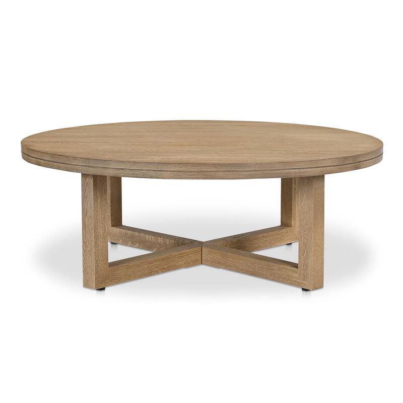 NADAAL STUDIOS Arlisse Coffee Table, Round Top, Solid Oak, Dual‑Layer Top with V‑Groove Iron Crisscross Base, Dark Brown