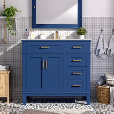 Roomfitters 36" Modern Bathroom Vanity with Ceramic Sink, Soft Close Doors, 4 Drawers for Storage, Elegant Design