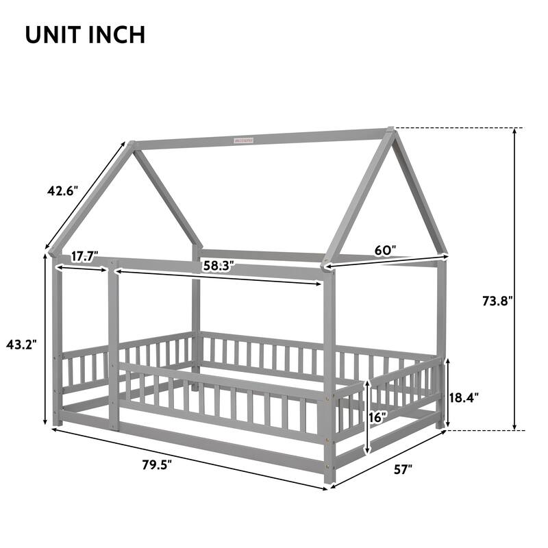 Wooden Floor Bed with House Roof & Guardrails