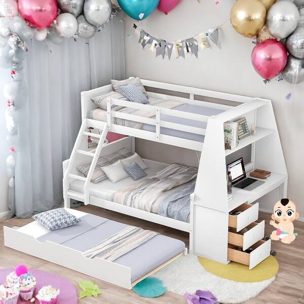 slide 2 of 30, Twin Over Full Bunk Bed With Trundle,Desk,Drawers,Shelf for Bedroom White