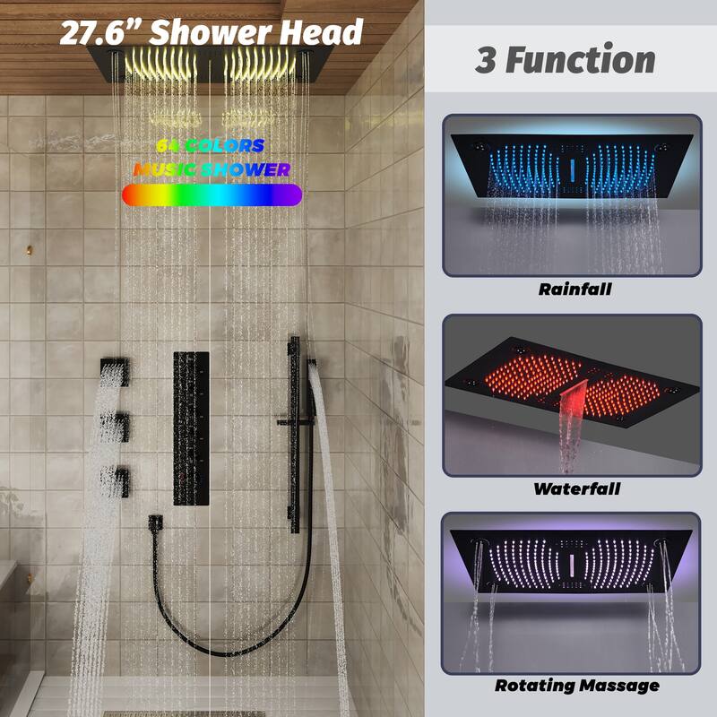 Luxury 5-Spray Patterns 28 in. Ceiling Mount Shower System with Handheld Shower Head, 3 Body Jets, LED, and Music - 16" x 28"