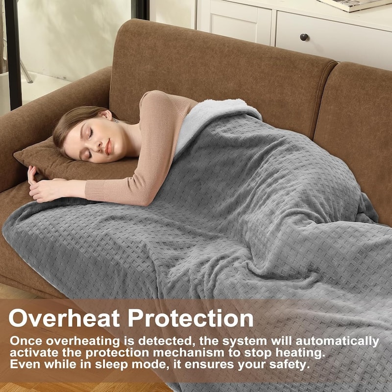 Waffle Soft Flannel & Sherpa Heated Throw Electric Blanket, Grey