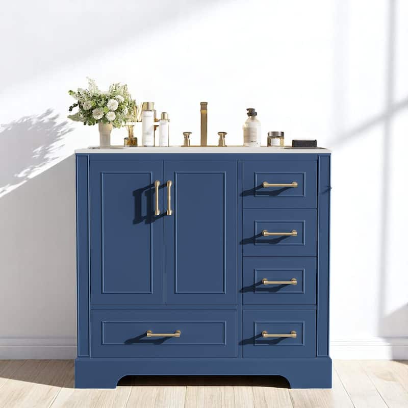 36 Inch Bathroom Vanity with Sink, Freestanding Cabinet with Gold Handles, Soft-Close Doors & Drawers