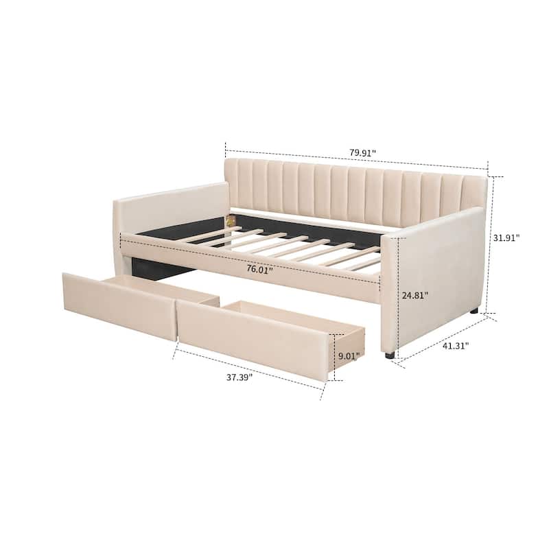 Modern Minimalist Twin Size Velvet Upholstered Daybed with Two Underbed Drawers