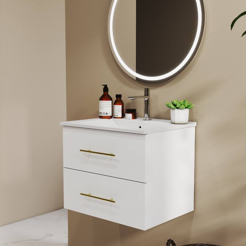 24-Inch Wall-Mounted Bathroom Vanity with Sink Combo,Double Drawers, Ceramic Basin, Easy Assemble,2 Storage Drawers