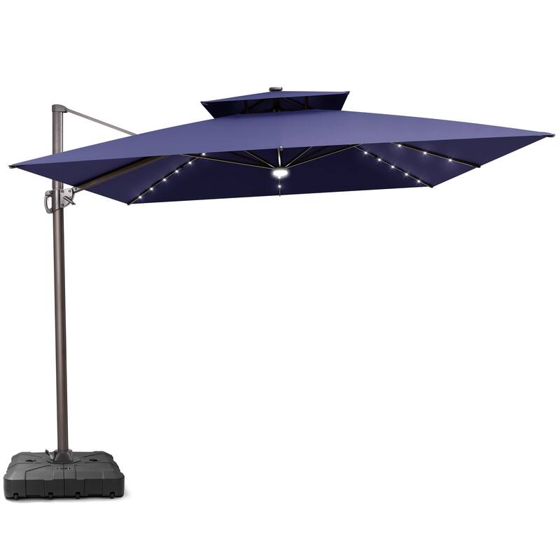 11 FT Solar-Powered LED Patio Cantilever Umbrella with Double Canopy and Base