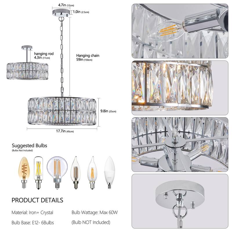 Crystal Drum Chandelier, 6-Light Pendant Lighting Fixture with Metal Frame for Living Room, Dining Room(Bulbs Not Included)