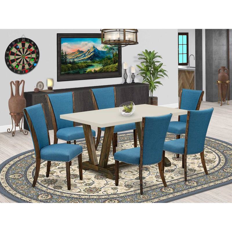 HomeStock 7-Piece Distressed Jacobean Finish Solid Wood Top Dining Table with 6 Parson-Chairs