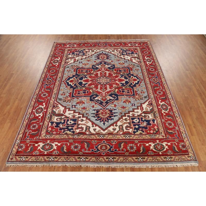 Geometric Heriz Serapi Indian Area Rug Hand-Knotted Wool Carpet - 8'0" x 10'0"